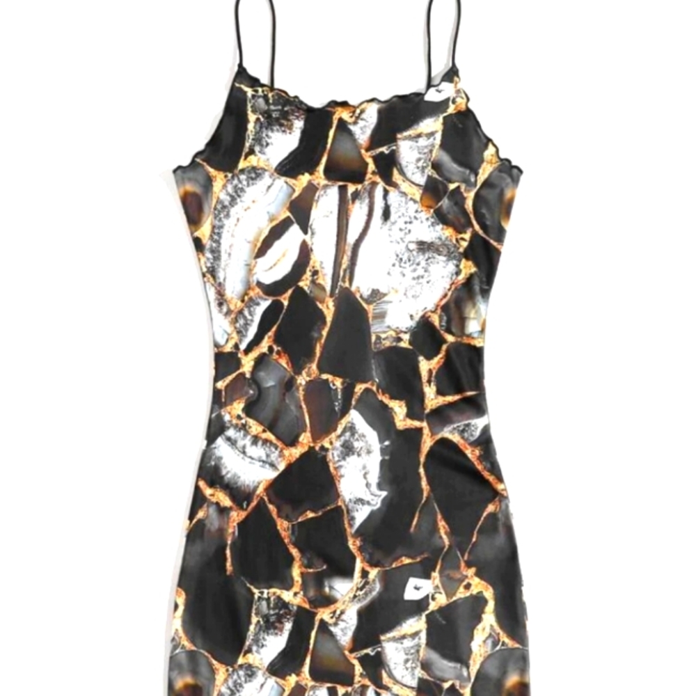Gold blue and black marble print spaghetti strap slip dress bodycon satin feel